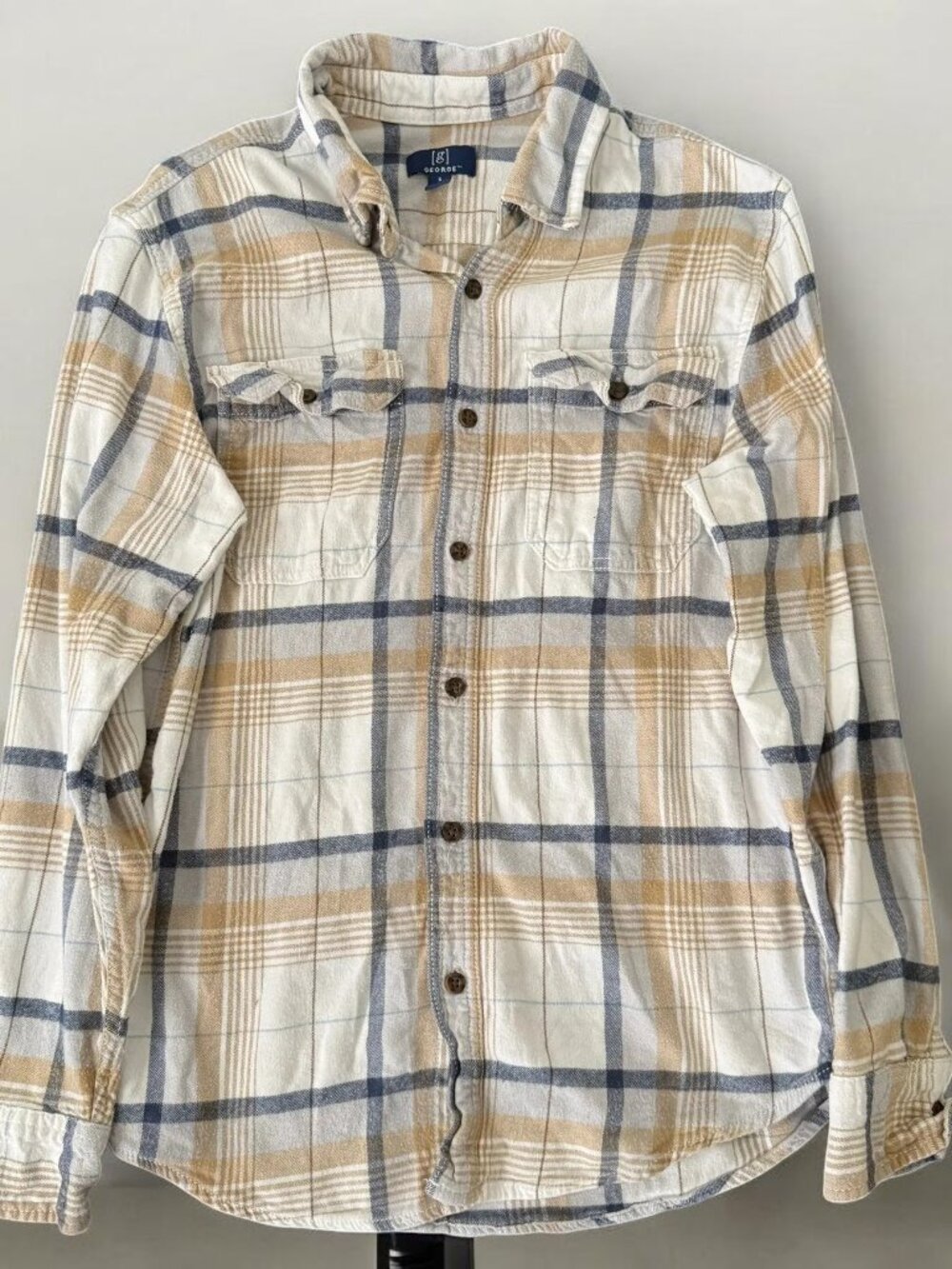 GEORGE Men's TAN/BLUE/WHITE Plaid FLANNEL 2-Pocket LONG SLEEVE Button-Up Shirt S